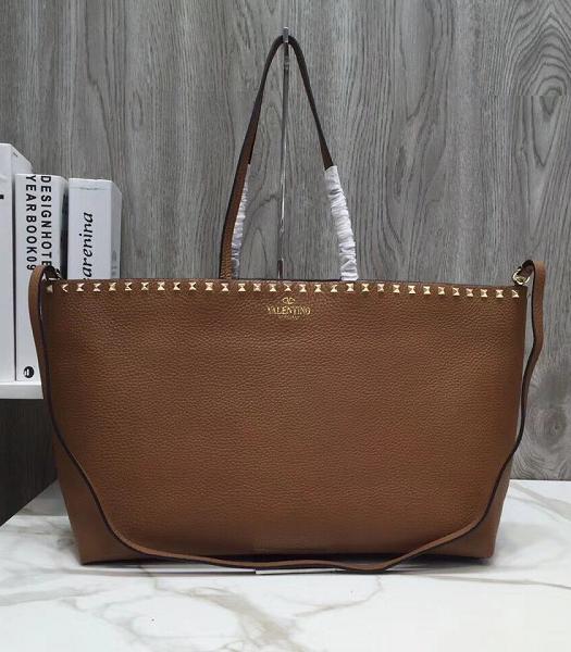 Valentino Garavani Rockstud Brown Litchi Calfskin Leather Shopping Bag