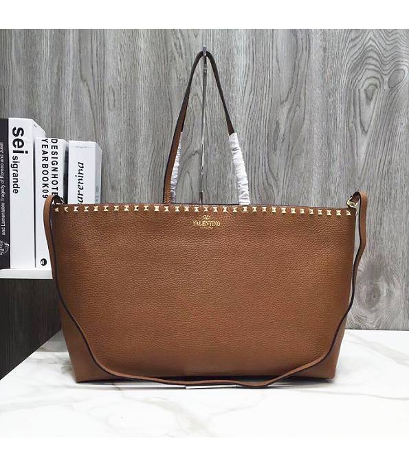 Valentino Garavani Rockstud Brown Original Litchi Veins Leather 48cm Shopping Bag