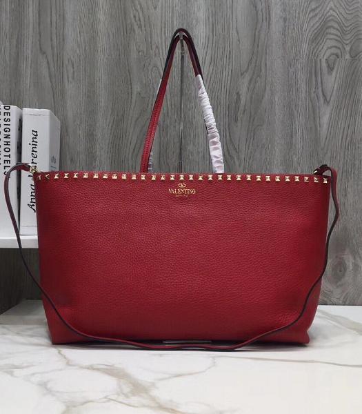 Valentino Garavani Rockstud Red Litchi Calfskin Leather Shopping Bag