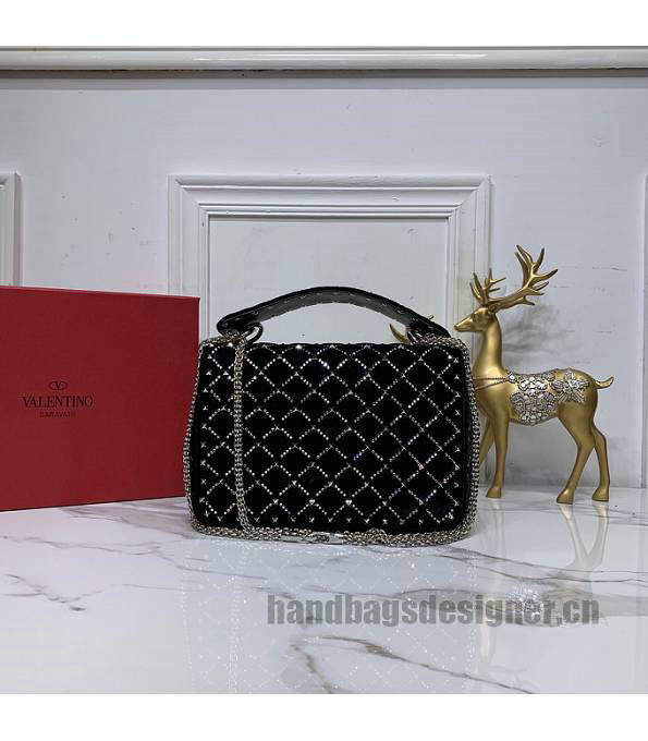 Valentino Garavani Rockstud Spike Black Original Velvet Leather With Diamond 24cm Top Handle Chain Bag-2