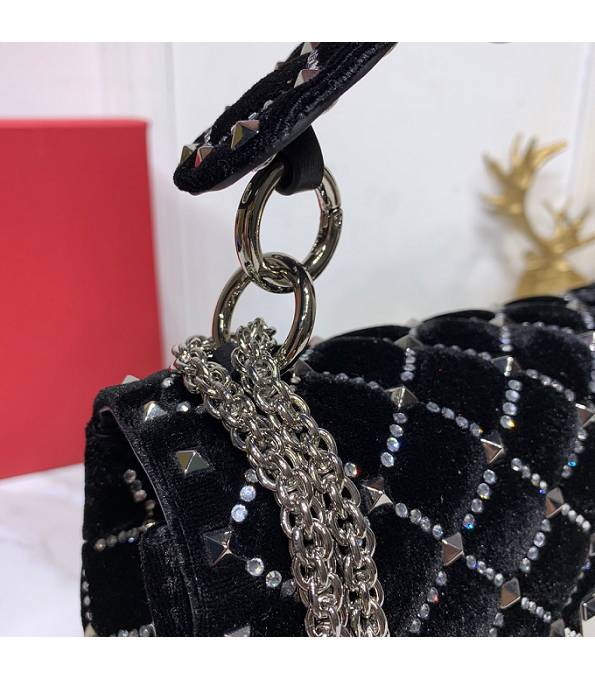 Valentino Garavani Rockstud Spike Black Original Velvet Leather With Diamond 24cm Top Handle Chain Bag-3