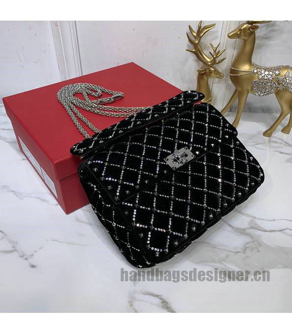 Valentino Garavani Rockstud Spike Black Original Velvet Leather With Diamond 24cm Top Handle Chain Bag-4