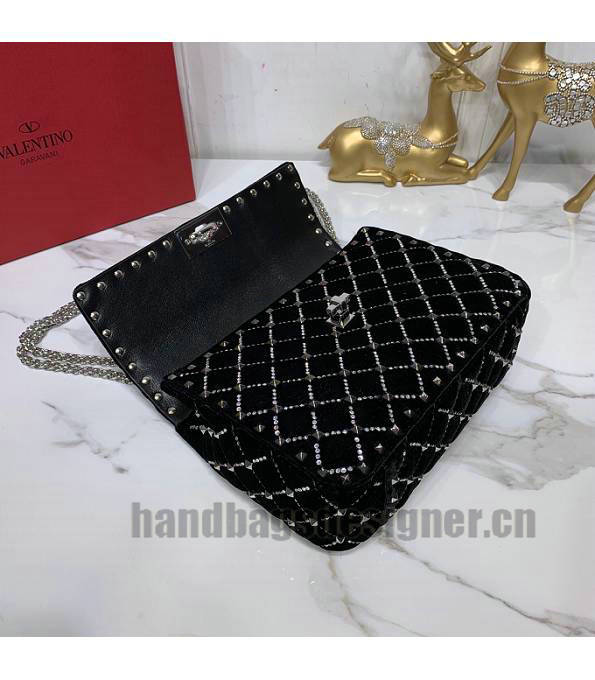 Valentino Garavani Rockstud Spike Black Original Velvet Leather With Diamond 24cm Top Handle Chain Bag-5