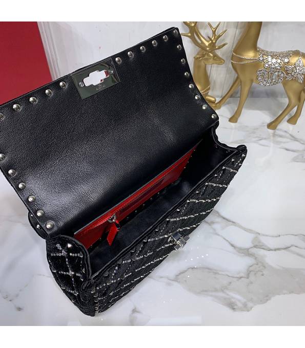 Valentino Garavani Rockstud Spike Black Original Velvet Leather With Diamond 24cm Top Handle Chain Bag-6