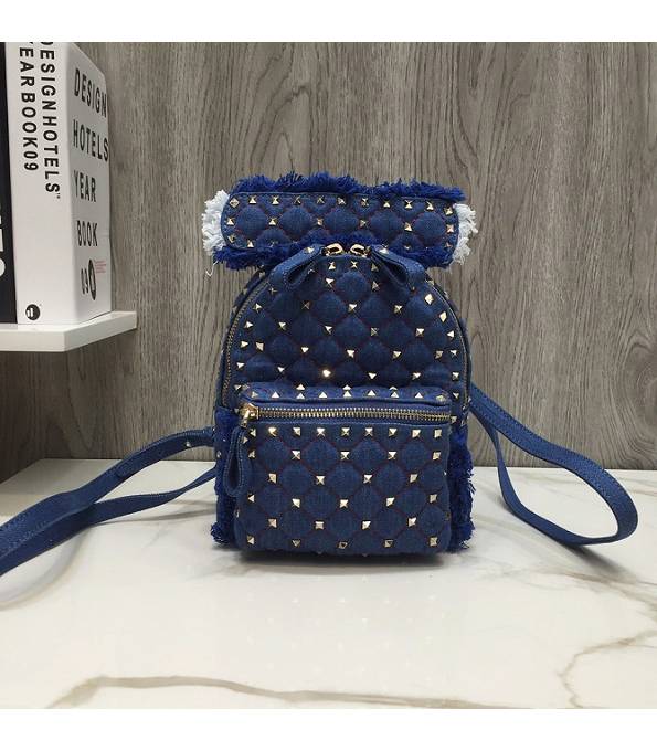Valentino Garavani Rockstud Spike Blue Original Denim Mini Backpack Golden Rivet