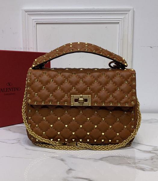 Valentino Garavani Rockstud Spike Brown Imported Litchi Veins Lambskin 24cm Top Handle Chain Bag