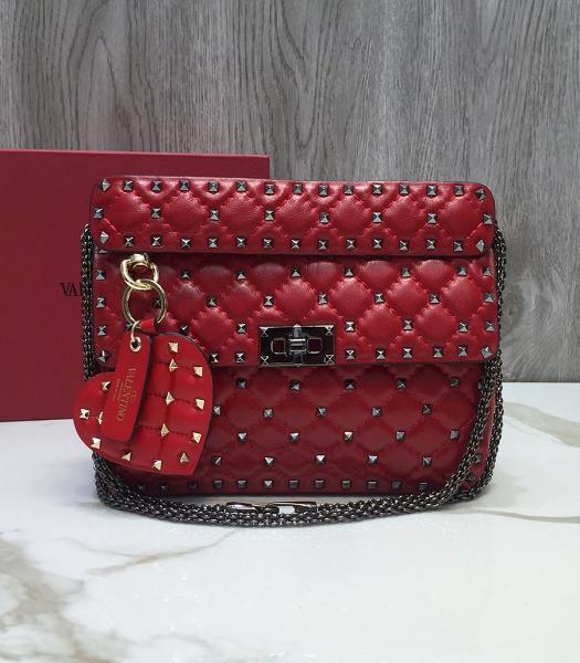 Valentino Garavani Rockstud Spike Dark Red Imported Oil Wax Lambskin 24cm Top Handle Chain Bag
