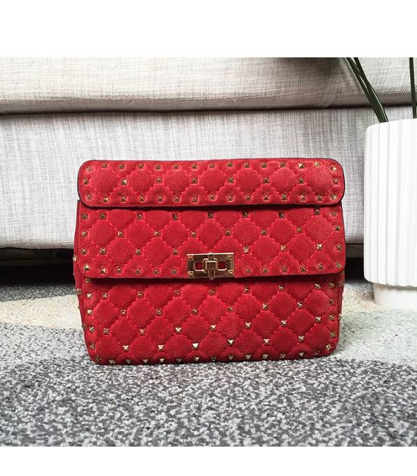 Valentino Garavani Rockstud Spike Red Original Suede Leather 24cm Top Handle Golden Chain Bag