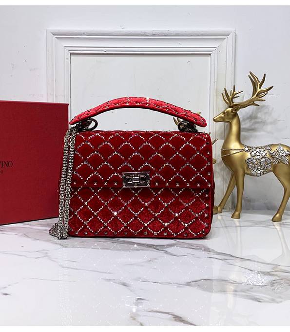 Valentino Garavani Rockstud Spike Red Original Velvet Leather With Diamond 24cm Top Handle Chain Bag