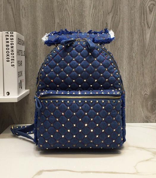 Valentino Garavani RockStuds Blue Denim With Original Lambskin Spike Backpack Golden Rivets
