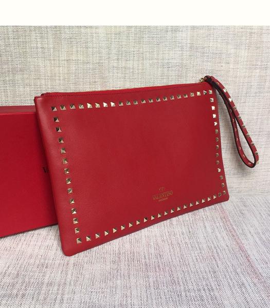 Valentino Garavani RockStuds Red Original Real Leather 35cm Clutch Golden Rivets