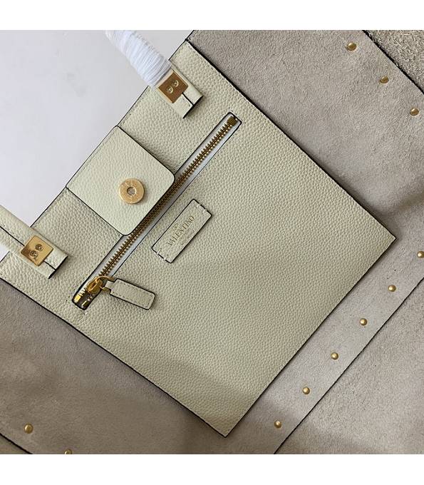 Valentino Garavani Roman Stud Beige Original Calfskin Leather Golden Revet 39cm Tote Shopping Bag-5