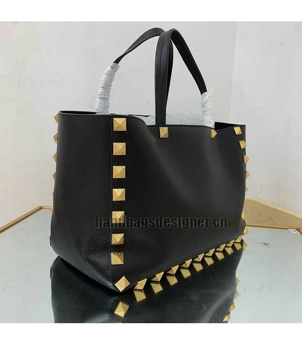 Valentino Garavani Roman Stud Black Original Calfskin Leather Golden Revet 39cm Tote Shopping Bag-2