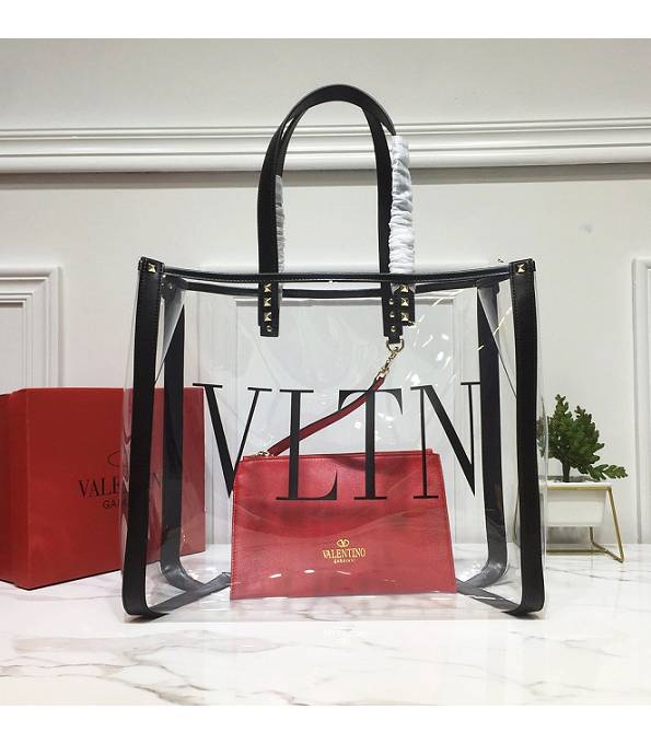 Valentino Garavani Transparent PVC With Black Original Calfskin Leather Rivet 37cm Shopping Tote Bag