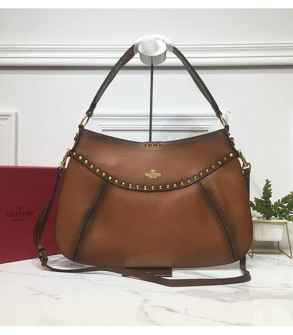 Valentino Garavani Twinkle Studs Brown Original Plain Veins Calfskin Leather Large Shoulder Bag