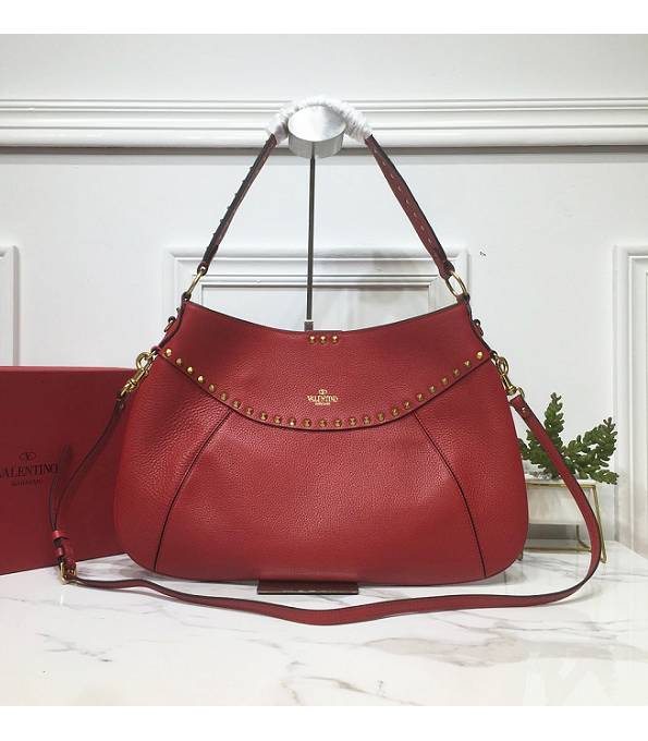 Valentino Garavani Twinkle Studs Red Original Litchi Veins Calfskin Leather Large Shoulder Bag