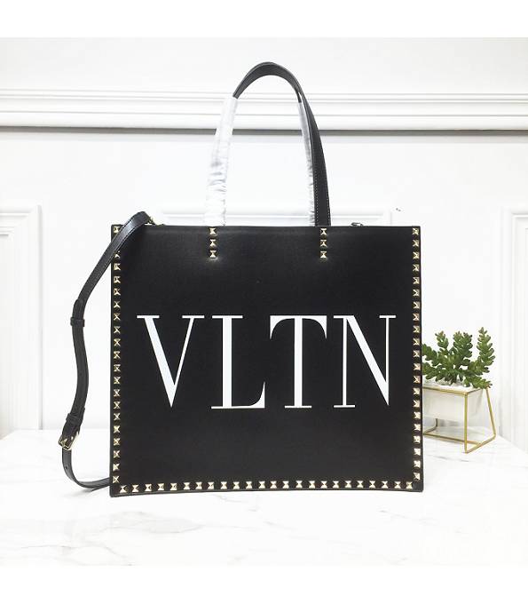Valentino Garavani VLTN Print Black Original Calfskin Leather Rivet 37cm Shopping Tote Bag