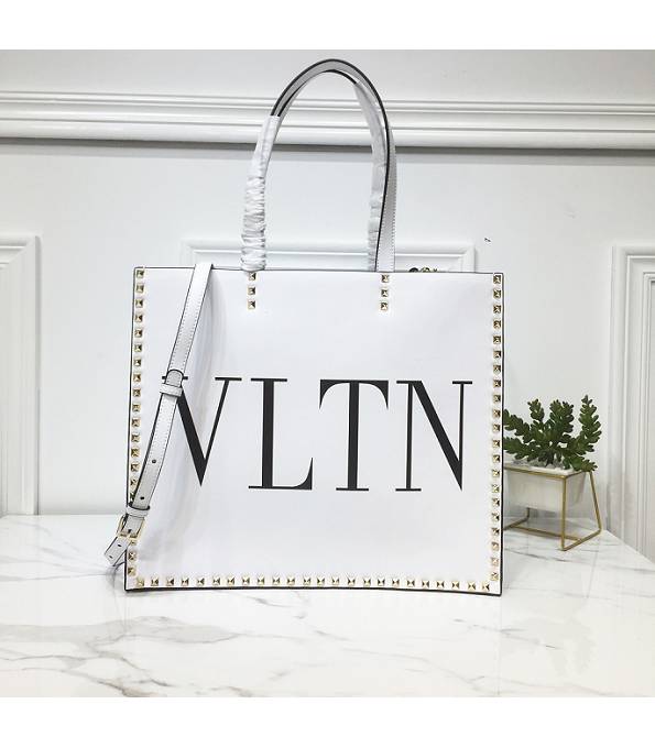 Valentino Garavani VLTN Print White Original Calfskin Leather Rivet 37cm Shopping Tote Bag