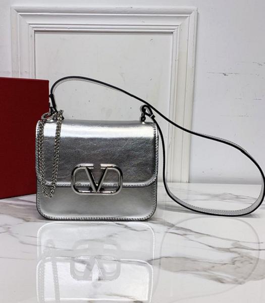 Valentino Garavani Vsling Silver Original Real Leather 18cm Box Bag Silver Metal