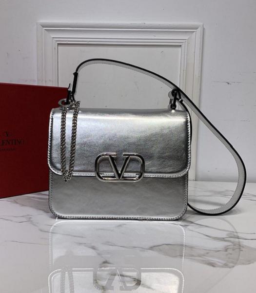 Valentino Garavani Vsling Silver Original Real Leather 22cm Box Bag Silver Metal