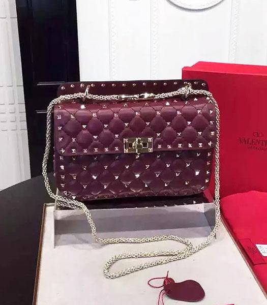 Valentino Golden Rivets Sheepskin Leather 24cm Shoulder Bag Jujube Red