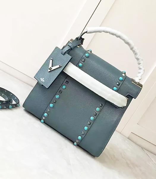 Valentino Light Blue Litchi Veins Leather Rivets Sapphire Tote Bag