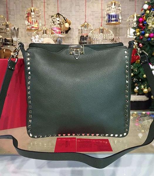 Valentino Litchi Veins Calfski Leather Golden Nail Messenger Bag Dark Green