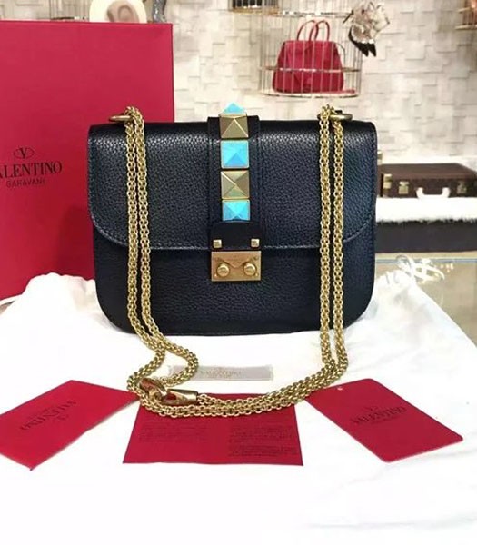 Valentino Noir Mini Turquoise Shoulder Bag Black Calfskin Leather Golden Chain