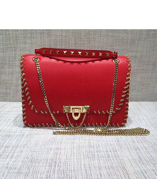 Valentino Original Leather Rivets Golden Chains Bag Red