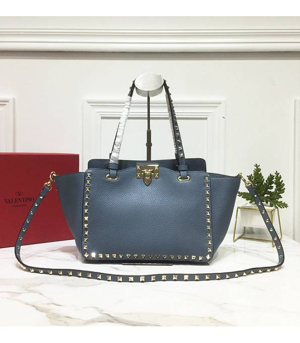 Valentino Rcckstud Blue Original Leather 26cm Shopping Bag Golden Rivets