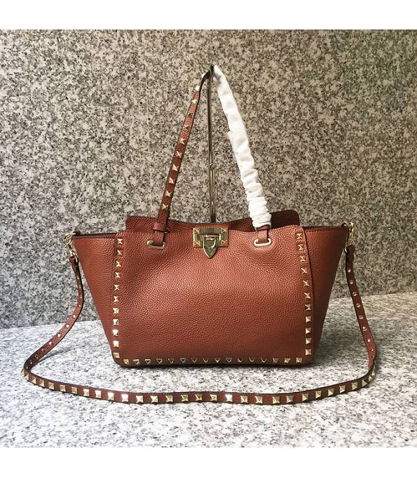Valentino Rcckstud Brown Original Leather 26cm Shopping Bag Golden Rivets