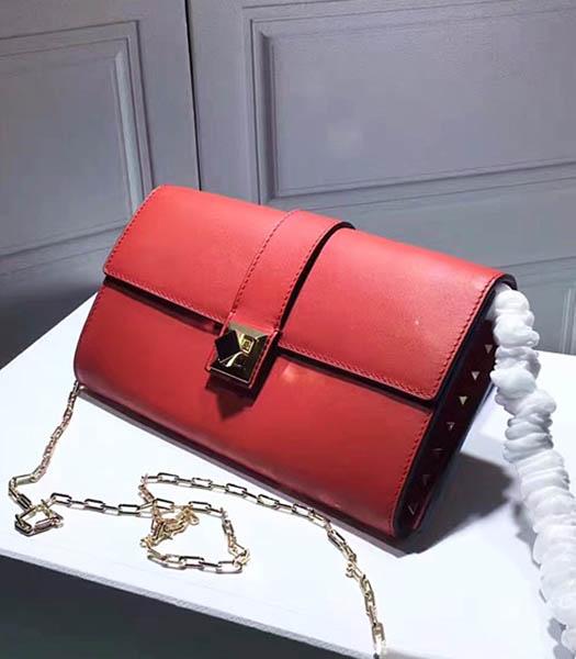 Valentino Red Leather Rivets Decorative Chains Shoulder Bag