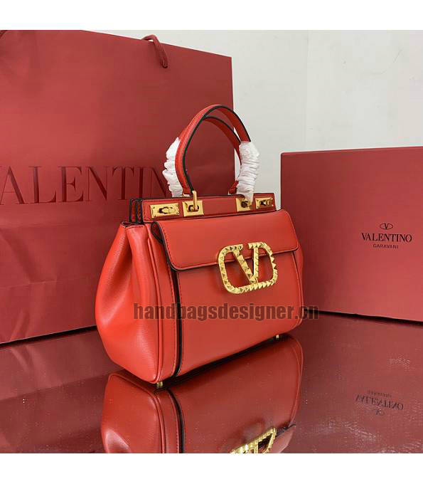 Valentino Red Original Grainy Calfskin Garavani Rockstud Medium Alcove Handbag-3