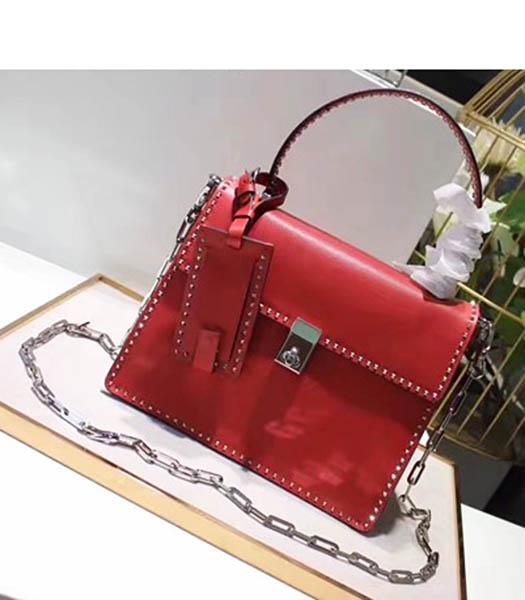 Valentino Red Original Leather Rivets Decorative 26cm Chains Tote Bag