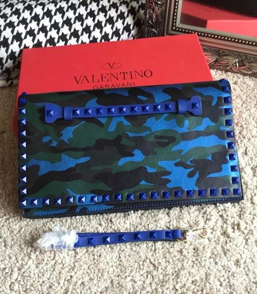 Valentino Rockstud 00399 Camouflage Clutch Sapphire Blue Original Leather