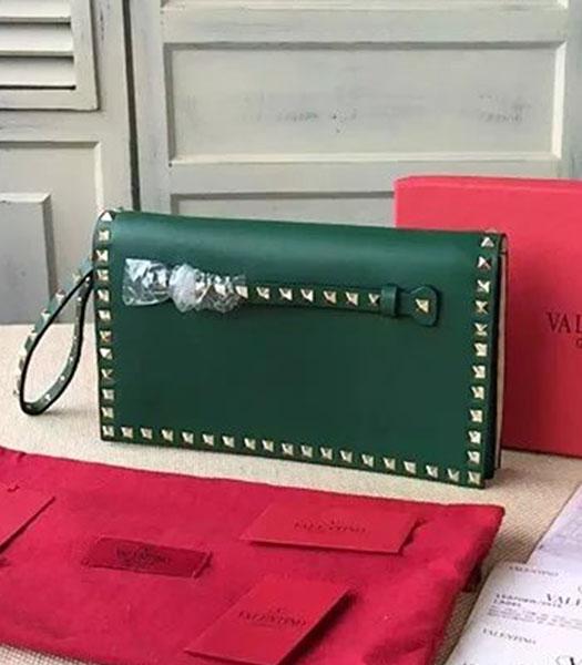 Valentino Rockstud 00399 Emerald Green Calfskin Leather Clutch