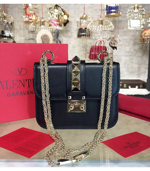 Valentino Rockstud Black Original Calfskin Leather Golden Chain 17cm Flap Shoulder Bag