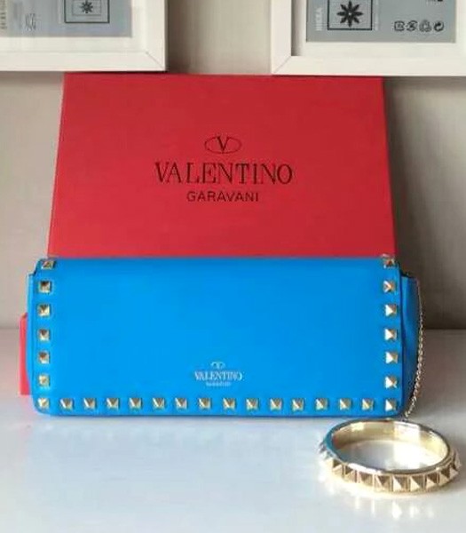Valentino Rockstud Clutch 5701 Fluorescent Blue Original Leather Golden Nail