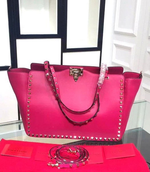 Valentino Rockstud Large Tote Fluorescent Rose Red Original Leather Golden Nail