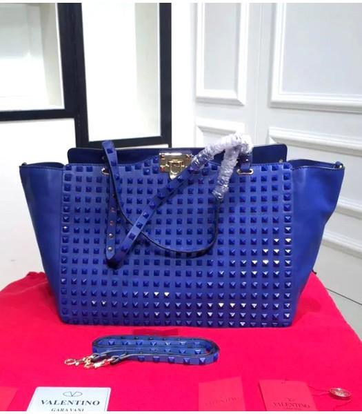 Valentino Rockstud Noir 1083 Tote Bag With Blue Original Leather