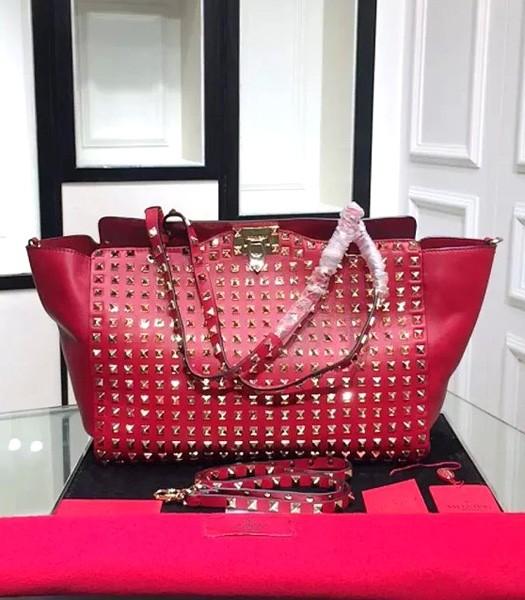 Valentino Rockstud Noir 1083 Tote Bag With Red Original Leather