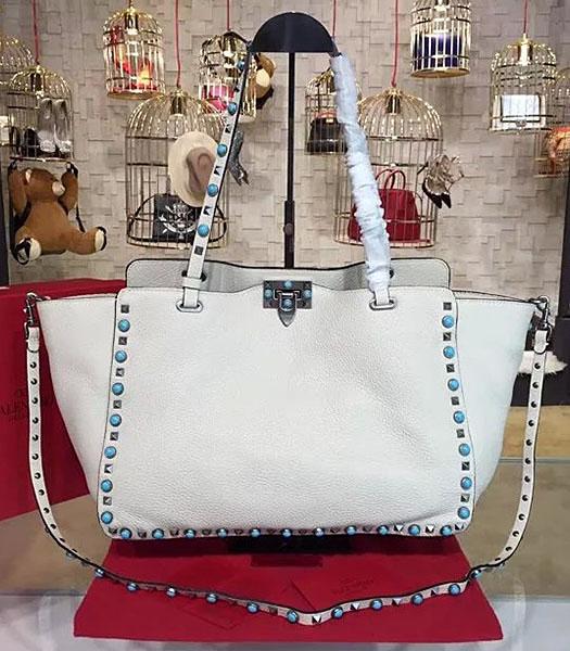 Valentino Rockstud Turquoise Calfskin Leather Tote Bag White