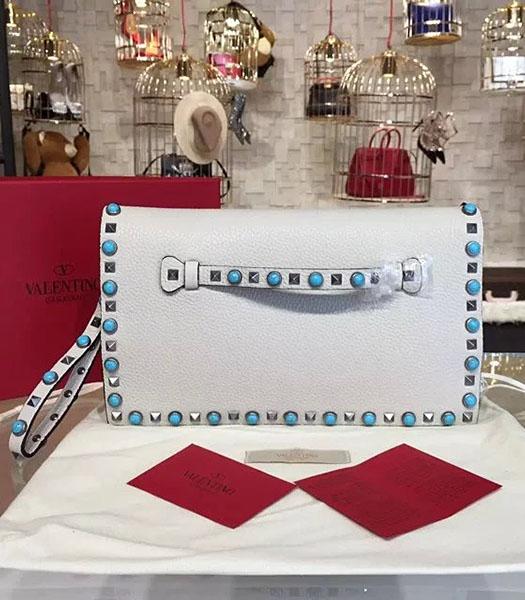 Valentino Rockstud Turquoise White Calfskin Leather Clutch