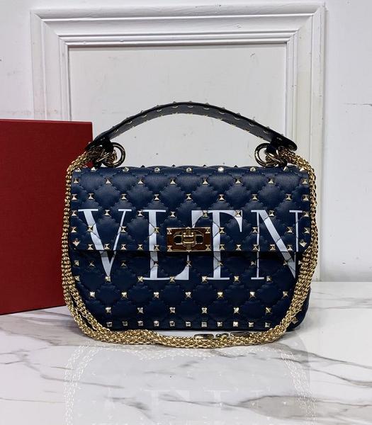 Valentino Vltn Garavani Rockstud Spike Dark Blue Imported Lambskin 24cm Top Handle Chain Bag