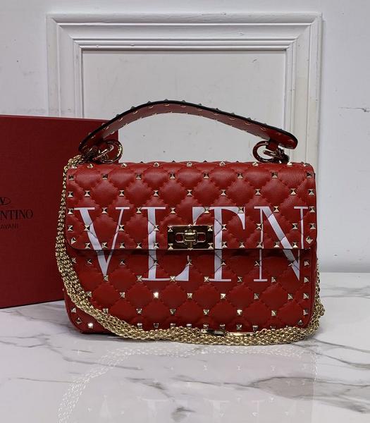 Valentino Vltn Garavani Rockstud Spike Red Imported Lambskin 24cm Top Handle Chain Bag