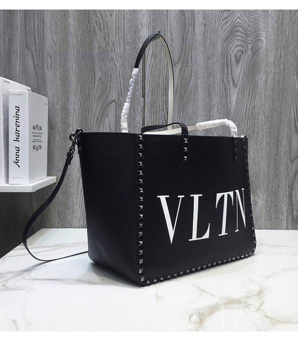 Valentino VLTN Print Black/White Original Calfskin Leather 33cm Reversible Tote Bag Black Rivet
