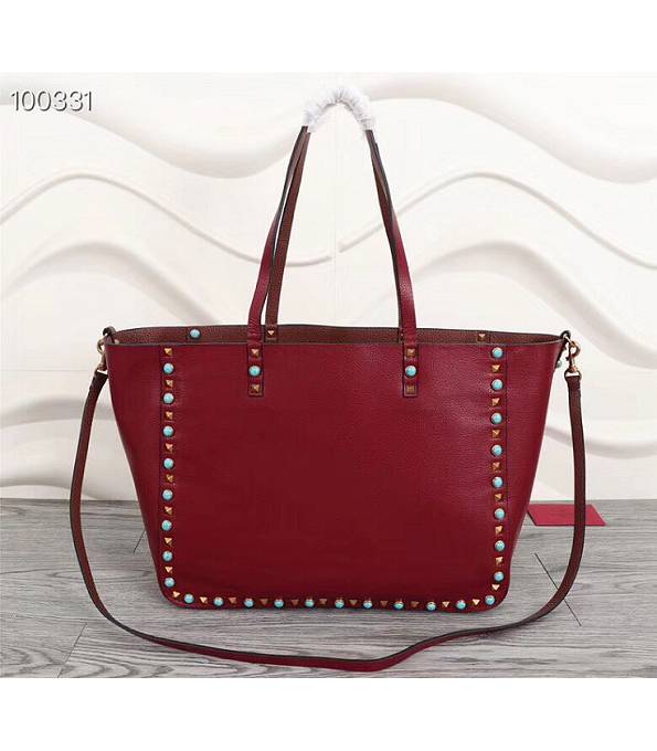 Valentino VLTN Print Red/Brown Original Calfskin Leather 33cm Reversible Tote Bag Colors Rivet