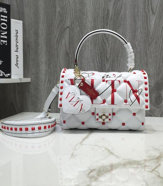Valentino Vltn White Original Lambskin Leather Tote Bag Red Rivets