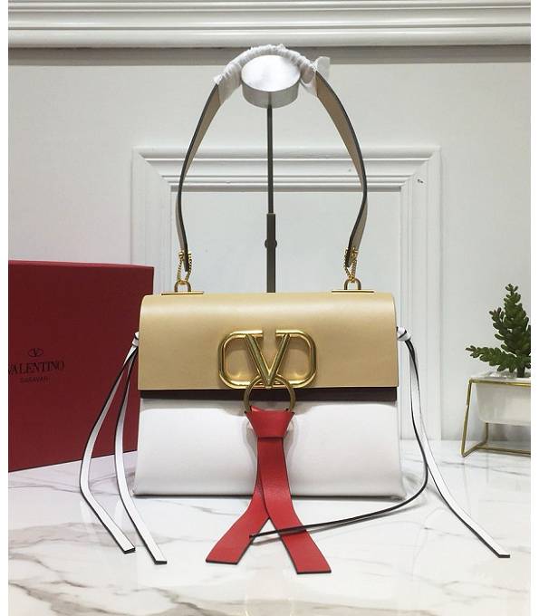 Valentino Vring Apricot/White Original Plain Veins Calfskin Small Shoulder Bag Golden Logo