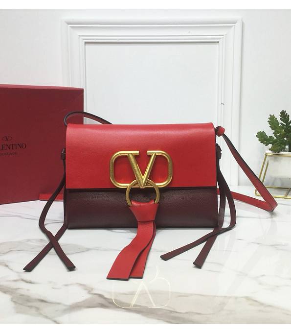 Valentino Vring Red/Jujube Original Plain Veins Calfskin 21cm Shoulder Bag Golden Logo